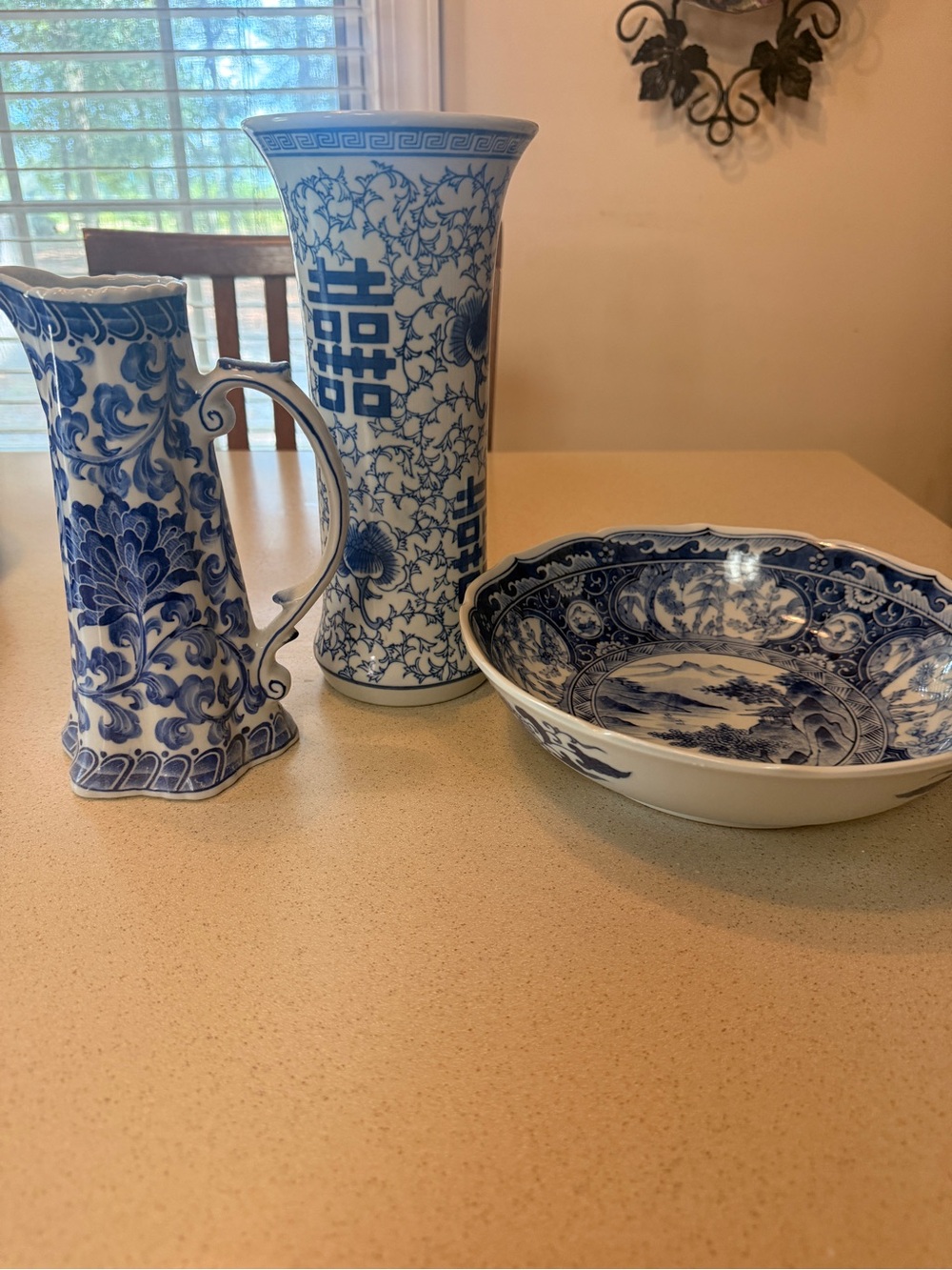 Andrea By Sadek Blue and White Porcelain Vase, Pitcher & Bowl Set